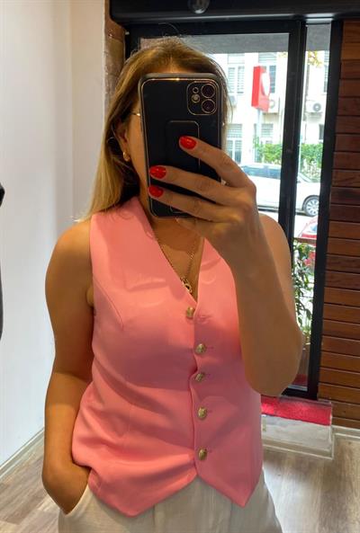 Gold Düğmeli İç Astarlı Yelek Pembe