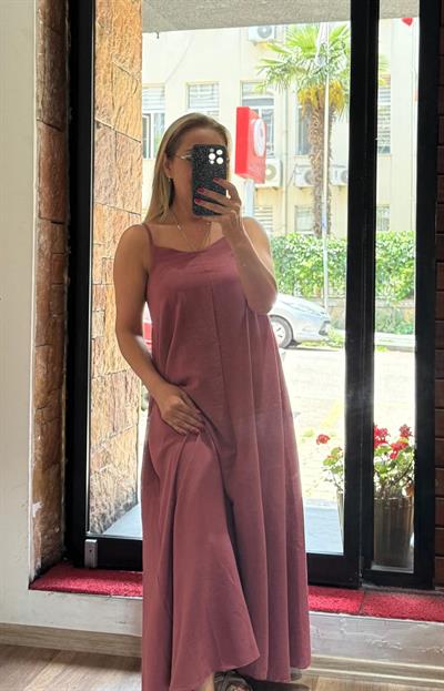 İnce Askıları Ayarlanabilir Uzun Elbise Bordo