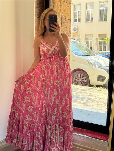 İnce Askılı Maxi Boy Saten Elbise Fuşya