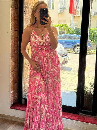 İnce Askılı Maxi Boy Saten Elbise Fuşya
