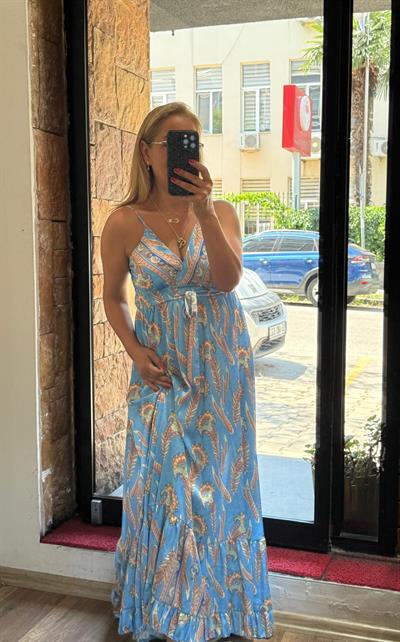 İnce Askılı Maxi Boy Saten Elbise Mavi