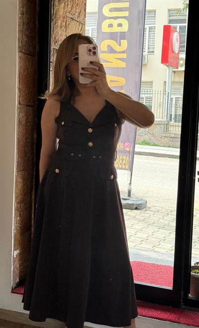 Kemerli Uzun Düğmeli Elbise Acı Kahve Yeni