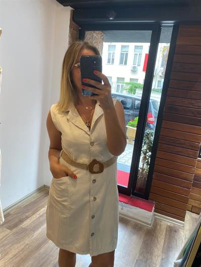 Keten Ön Cepli Kemerli Düğmeli Elbise