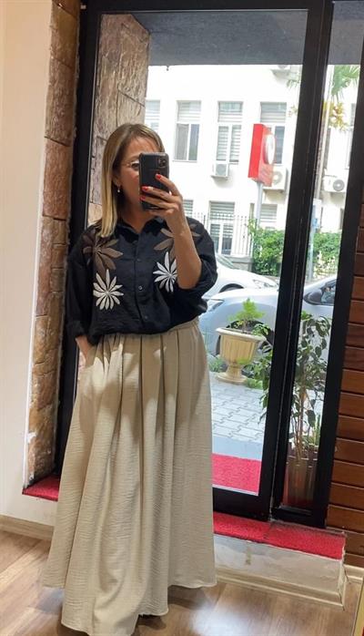 Keten Yan Cepli Maxi Etek Taş