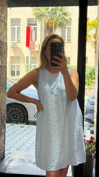 Kısa Cepli Çan Elbise Açık Mavi