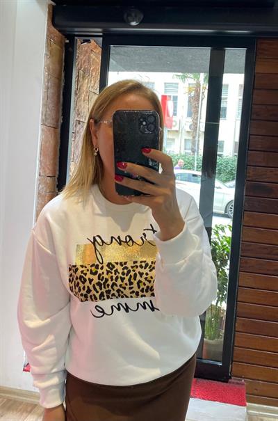 Leopar Desen Detaylı Sweatshirt Ekru