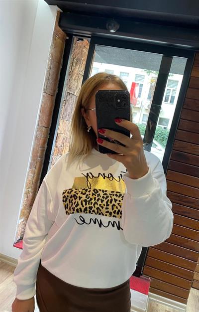 Leopar Desen Detaylı Sweatshirt Ekru