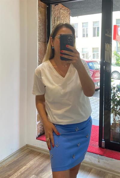 Mini Taşlı Gabardin Etek Mavi