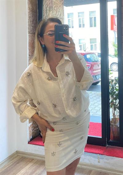 Mini Taşlı Gabardin Etek Taş Rengi