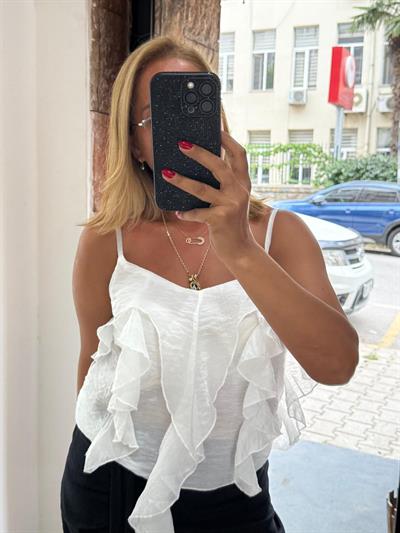 Önü Fırfırlı Askılı Tül Bluz Beyaz