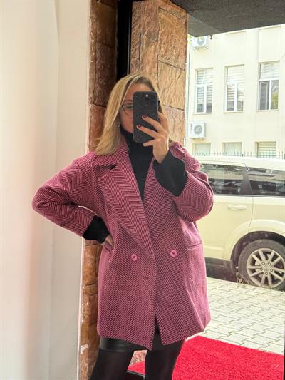 Oversize Balıksırtı Kısa Kaşe Kaban Fuşya Yeni