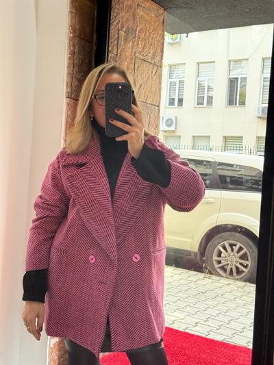 Oversize Balıksırtı Kısa Kaşe Kaban Fuşya Yeni