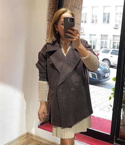 Oversize Balıksırtı Kısa Kaşe Kaban  Kahve Yeni