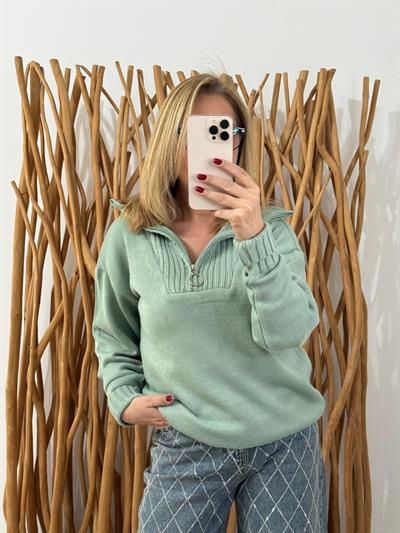Polo Yaka Fermuarlı Kazak Yeşil