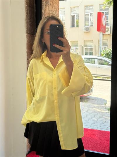Poplin Kalın Manşet Gömlek Sarı  Yeni