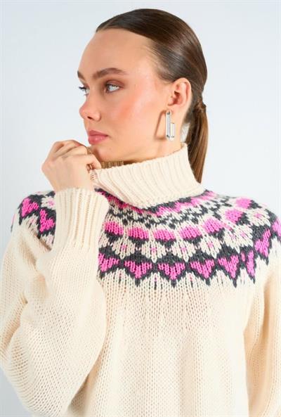 Premium Basic Desenli Kazak Krem