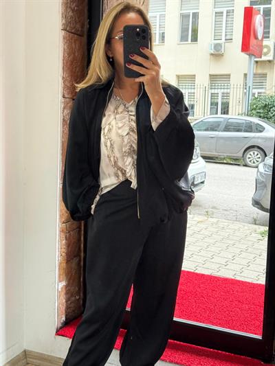Premium Saten Bomber Ceket Siyah Yeni