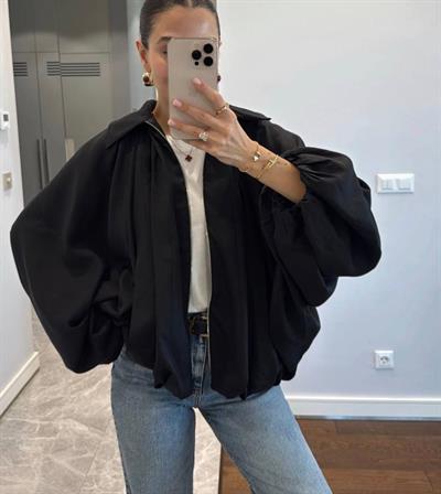 Premium Saten Bomber Ceket Siyah Yeni