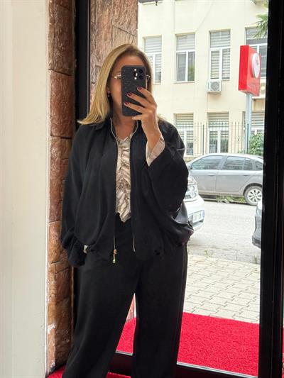 Premium Saten Bomber Ceket Siyah Yeni