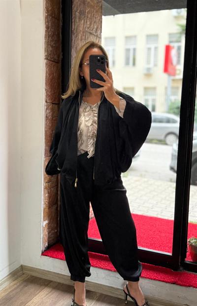 Saten Bomber Ceket Ve Şalvar Pantolon Takım Siyah