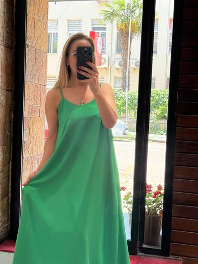 Tensel Ayarlanabilir İnce Askı Maxi Boy Elbise Yeşil