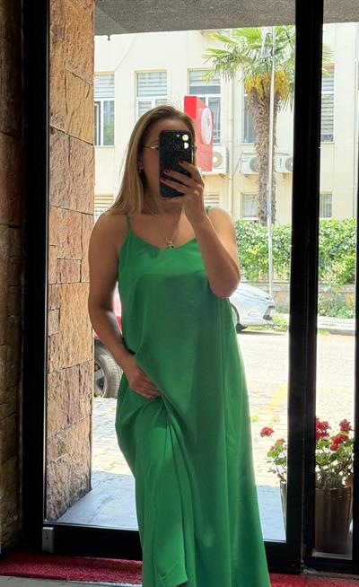 Tensel Ayarlanabilir İnce Askı Maxi Boy Elbise Yeşil