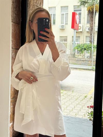 Tensel Kuşaklı Mini Elbise Beyaz