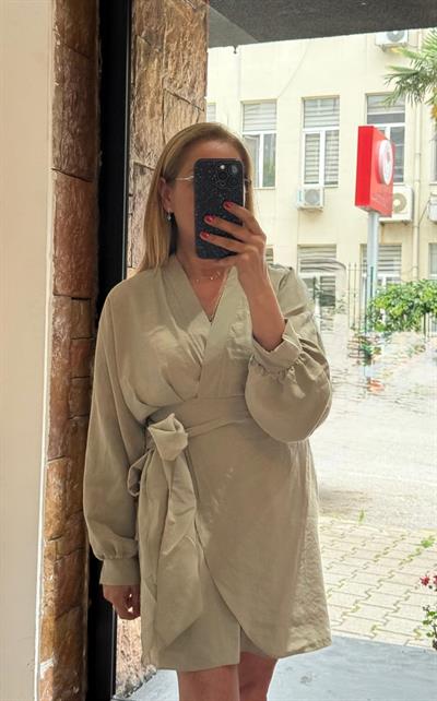 Tensel Kuşaklı Mini Elbise Haki 