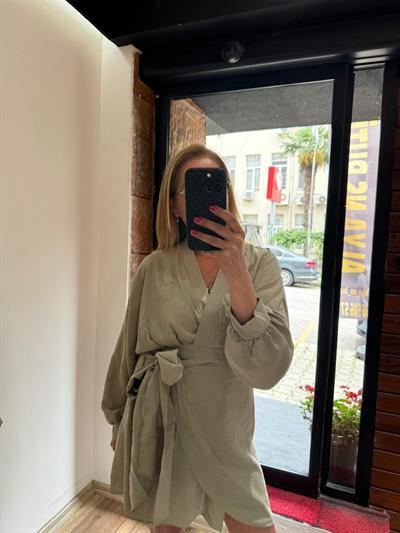 Tensel Kuşaklı Mini Elbise Haki 