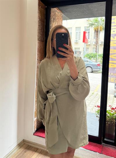 Tensel Kuşaklı Mini Elbise Haki 