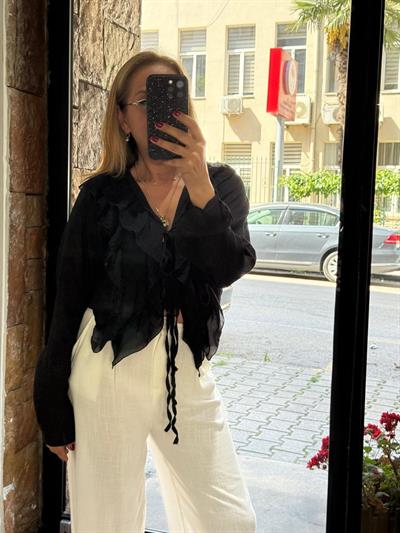 Tül Fırfırlı Bağcıklı Gömlek Siyah