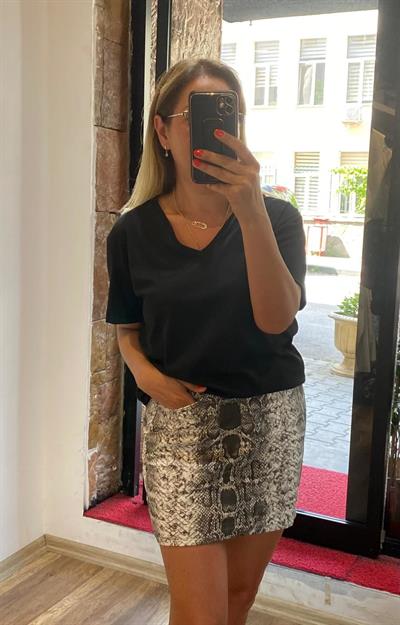Yılan Desenli Mini Jean Etek