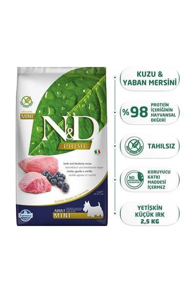 ND Dog Prime Adult Mini Kuzulu&Yaban Mersinli Köpek Maması 2,5 Kg