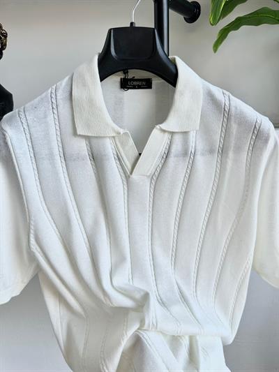 Desenli V-Yaka Triko Beyaz