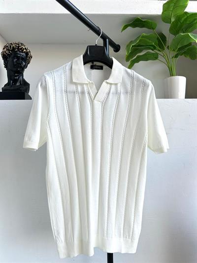 Desenli V-Yaka Triko Beyaz