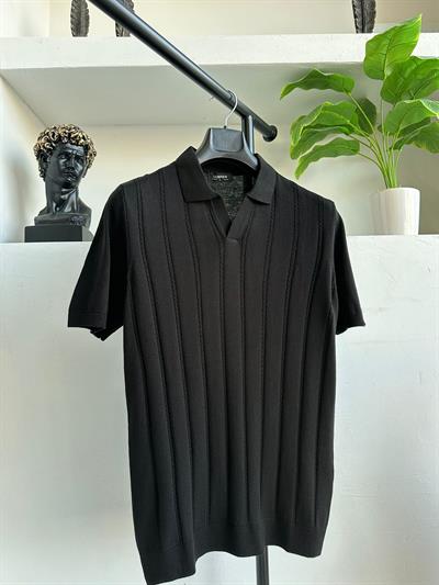 Desenli V-Yaka Triko Siyah