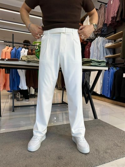 Kemerli Baggy Pantolon Beyaz