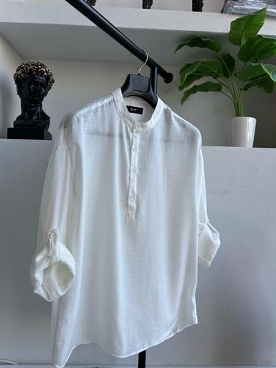 Keten Hakim Yakalı Gömlek Beyaz