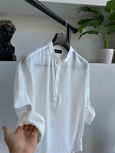 Keten Hakim Yakalı Gömlek Beyaz