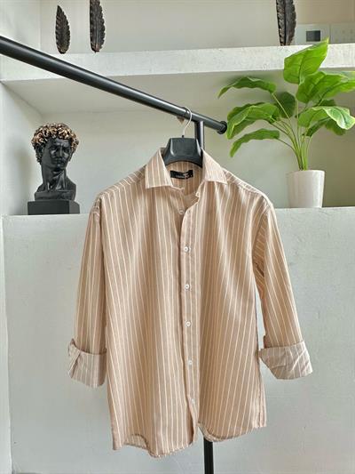 Oversize Çizgili Gömlek Krem