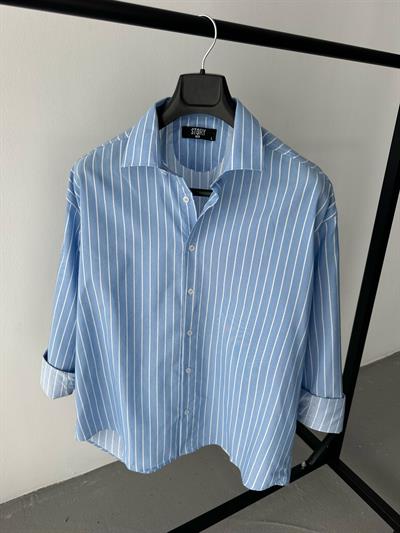 Oversize Çizgili Gömlek Mavi