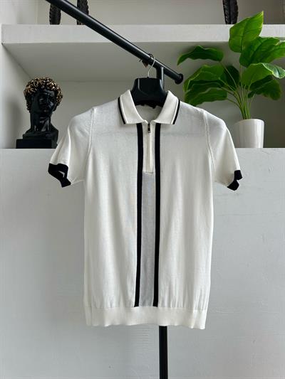 Çizgili Polo Yakalı Triko Tişört Beyaz