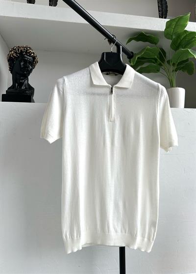 Fermuarlı Polo Yakalı Triko Tişört Beyaz