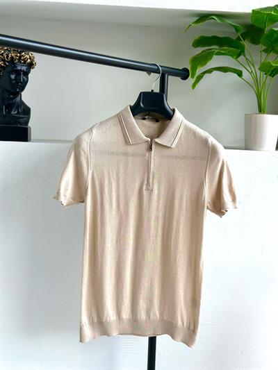 Fermuarlı Polo Yakalı Triko Tişört Krem