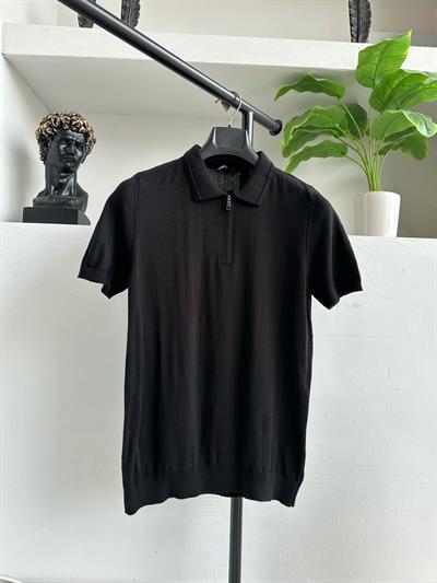 Fermuarlı Polo Yakalı Triko Tişört Siyah