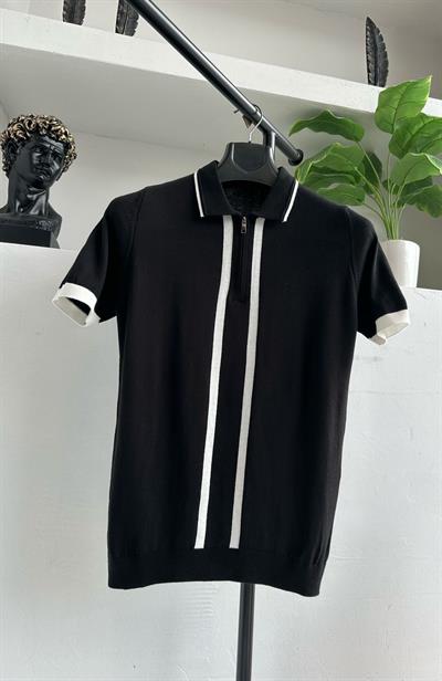 Çizgili Polo Yakalı Triko Tişört Siyah