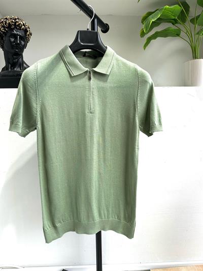 Fermuarlı Polo Yakalı Triko Tişört Yeşil