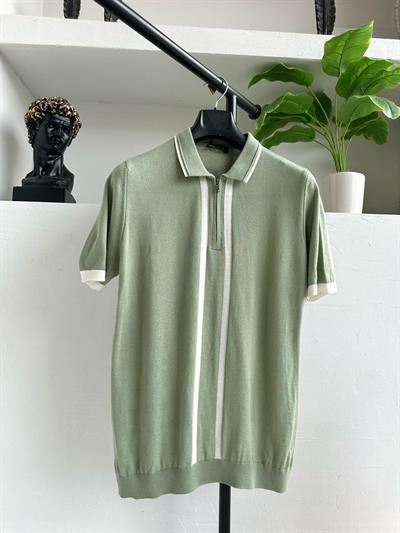 Çizgli Polo Yakalı Triko Tişört Yeşil