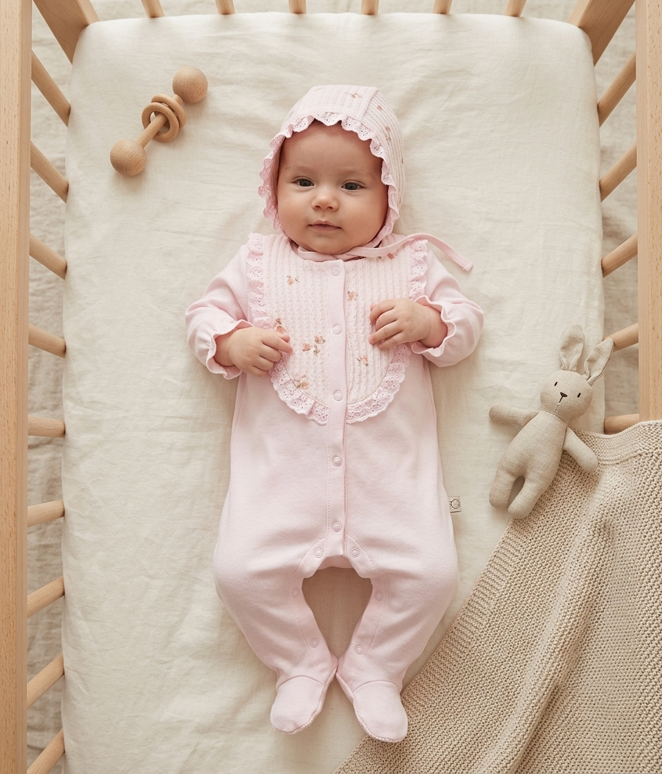 Brodeli Jakarlı Kız Bebek Tulumu