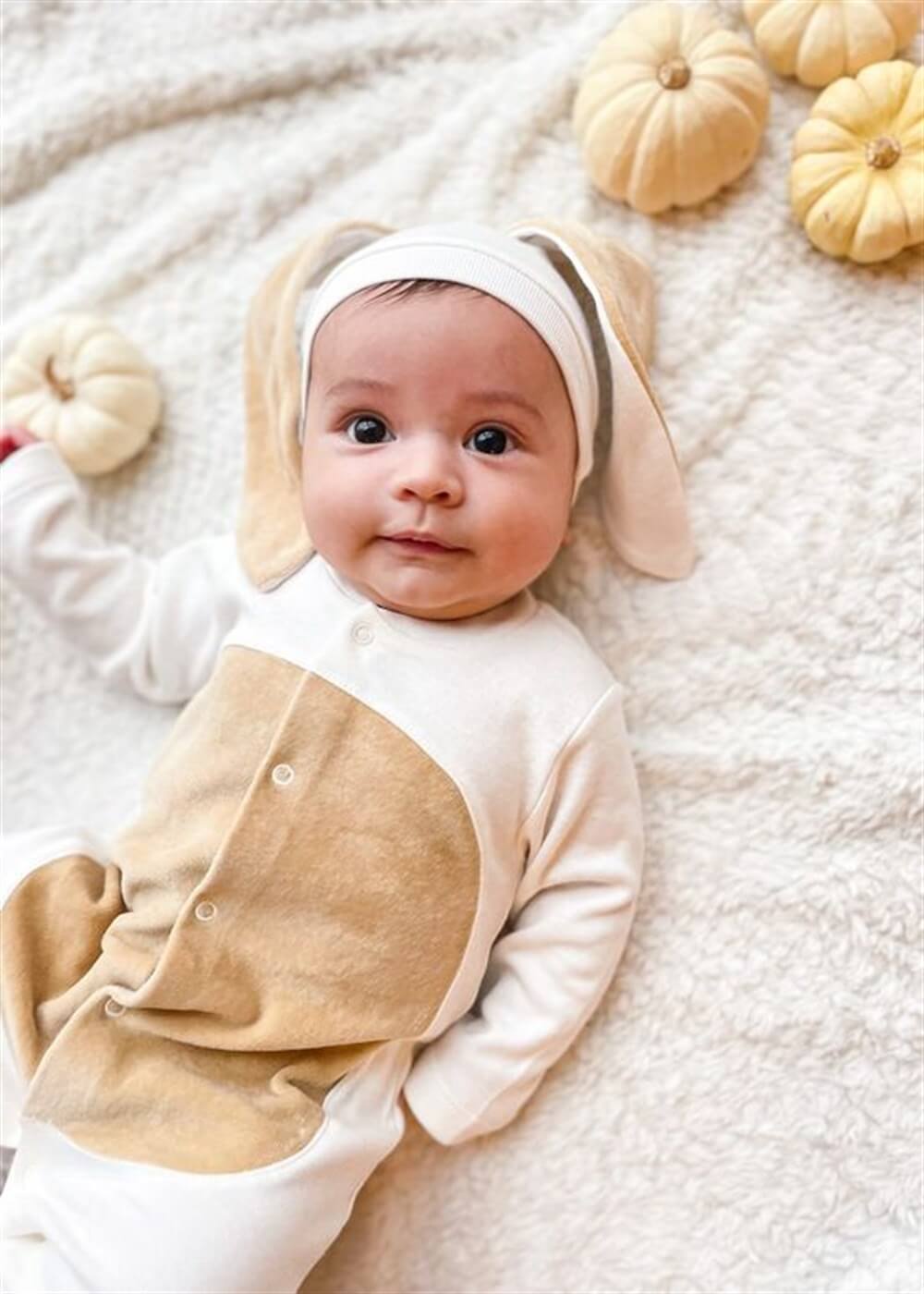 Ekru Renk Bebek Tavşan Ponponlu Tavşan Kulaklı Tulum Bebek Hediyesi Bebek Fotoğtaf Çekimi Ürünü 